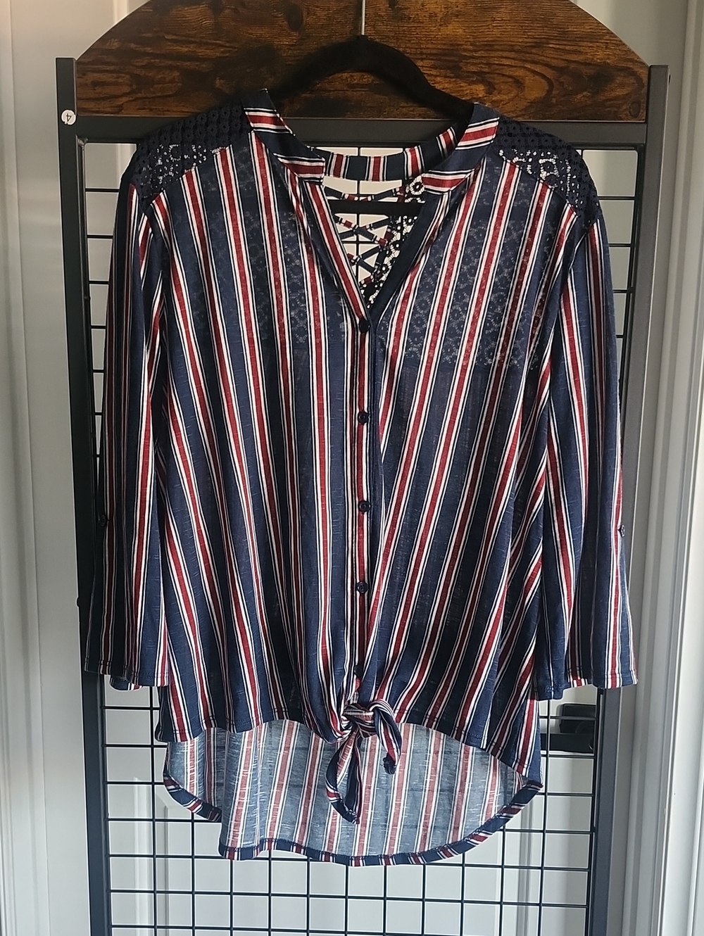No Boundaries Navy, Red & White Striped Lace-Detail Button Front Tie Top
